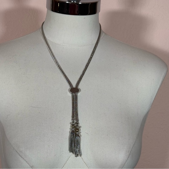 Monet Jewelry - Monet 1960’s Silver Modernist Minimalist Lariat Necklace Bolo tie tassels